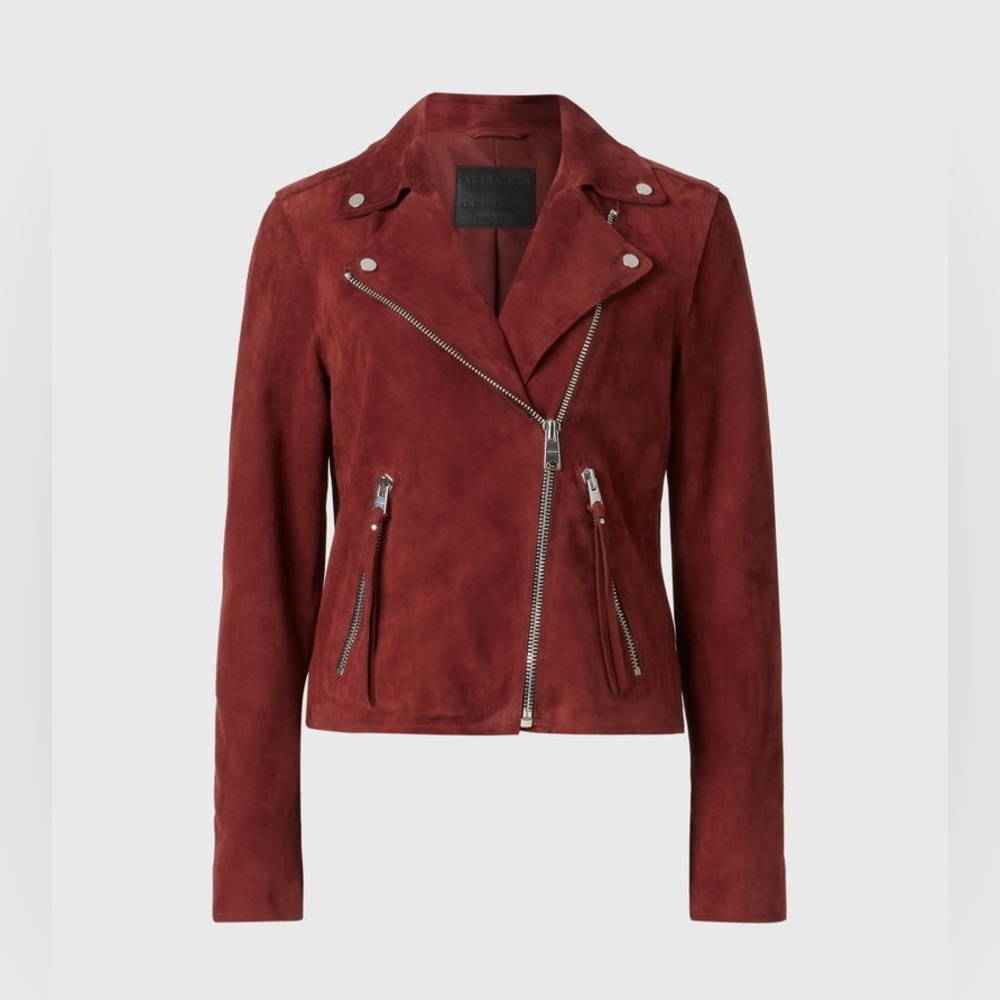 AllSaints | Dalby Suede Biker Jacket — Burgundy / Oxblood — US 4 (EU 36)